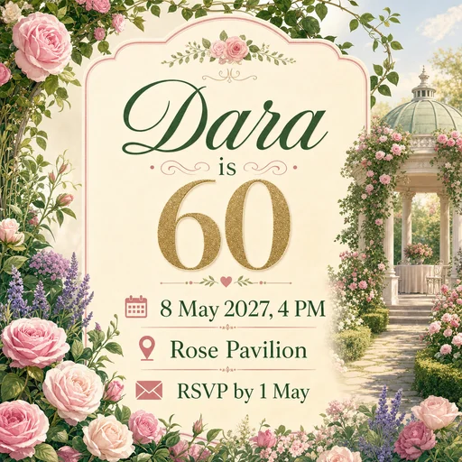 Garden birthday invitation for Dara at sixty.