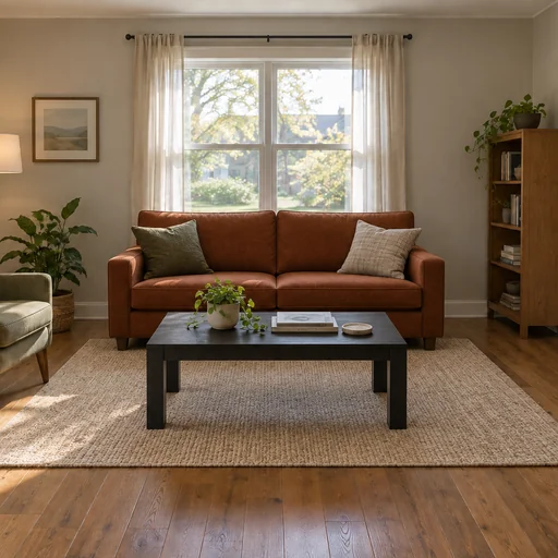 Living room with a rust sofa, black coffee table and beige rug.