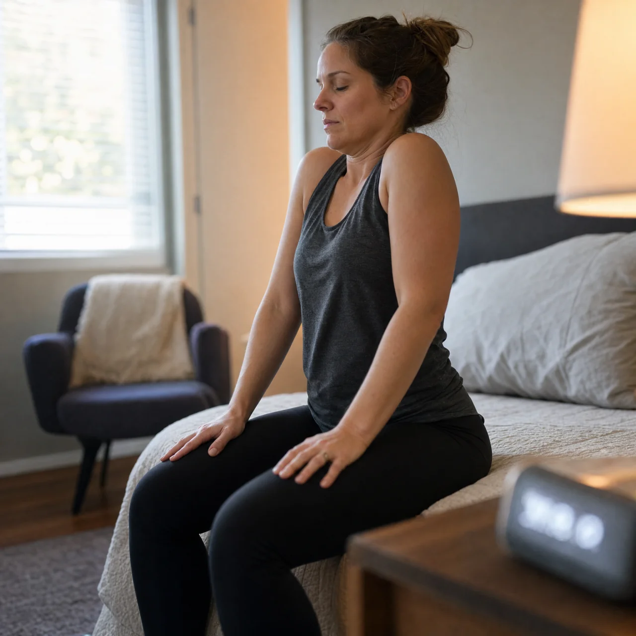 Person seated on the edge of a bed rolling their shoulders forward, with a blurred alarm clock on the bedside table suggesting a morning cue.