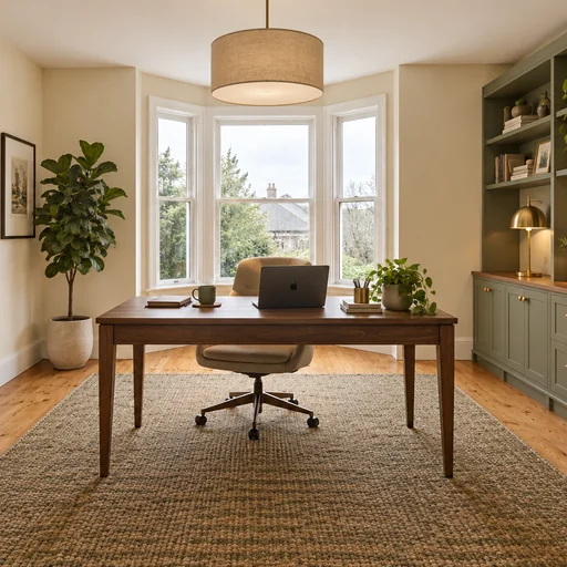 Home office with a dark wooden desk before a bay window and green storage cabinets along the right wall.