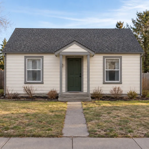 Small house with ivory siding, gray trim and a forest-green door, behind a patchy lawn and straight concrete path.