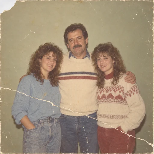 Source 1 for Torn photo repair: father adult daughters indoor 1980s.
