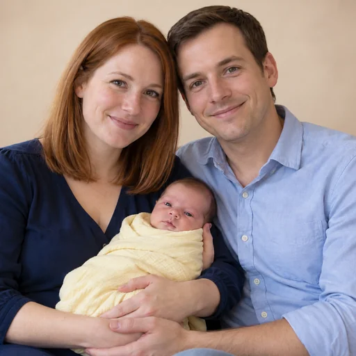 A red-haired woman and a brown-haired man hold a baby in a pale-yellow wrap against a cream studio backdrop.