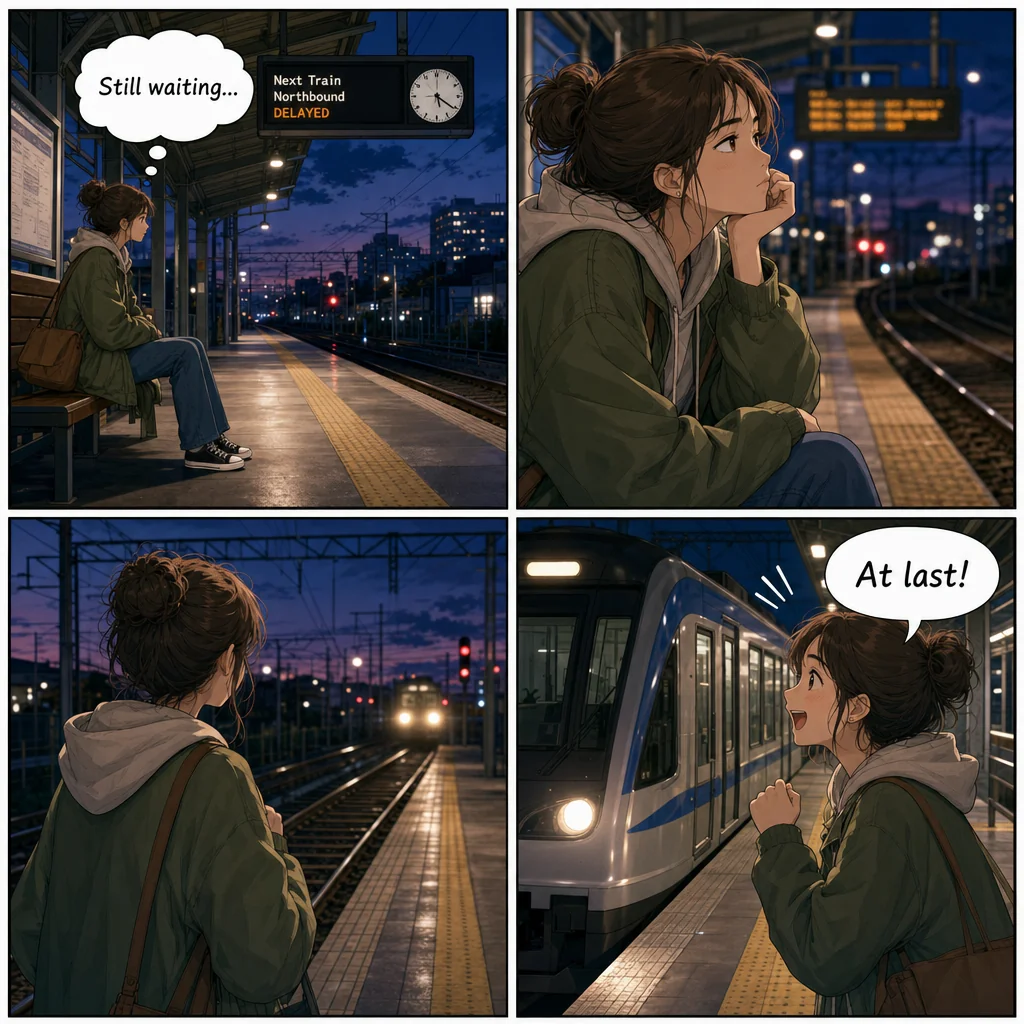Four-panel comic of a woman waiting for a delayed train and celebrating its arrival.