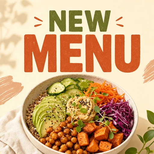 NEW MENU social graphic with a colorful grain bowl.