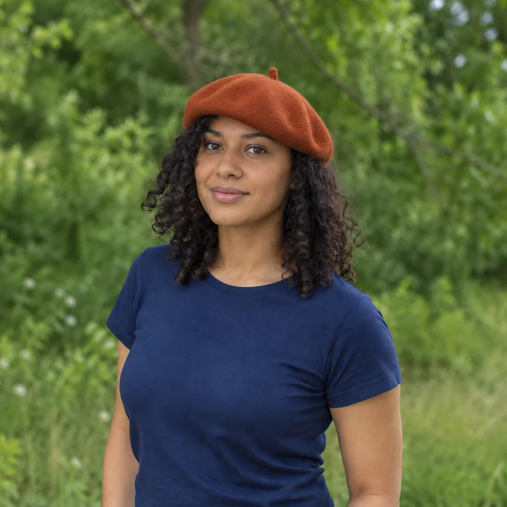 A woman with dark curly hair wears a rust-orange felt beret and navy T-shirt in a leafy outdoor setting.