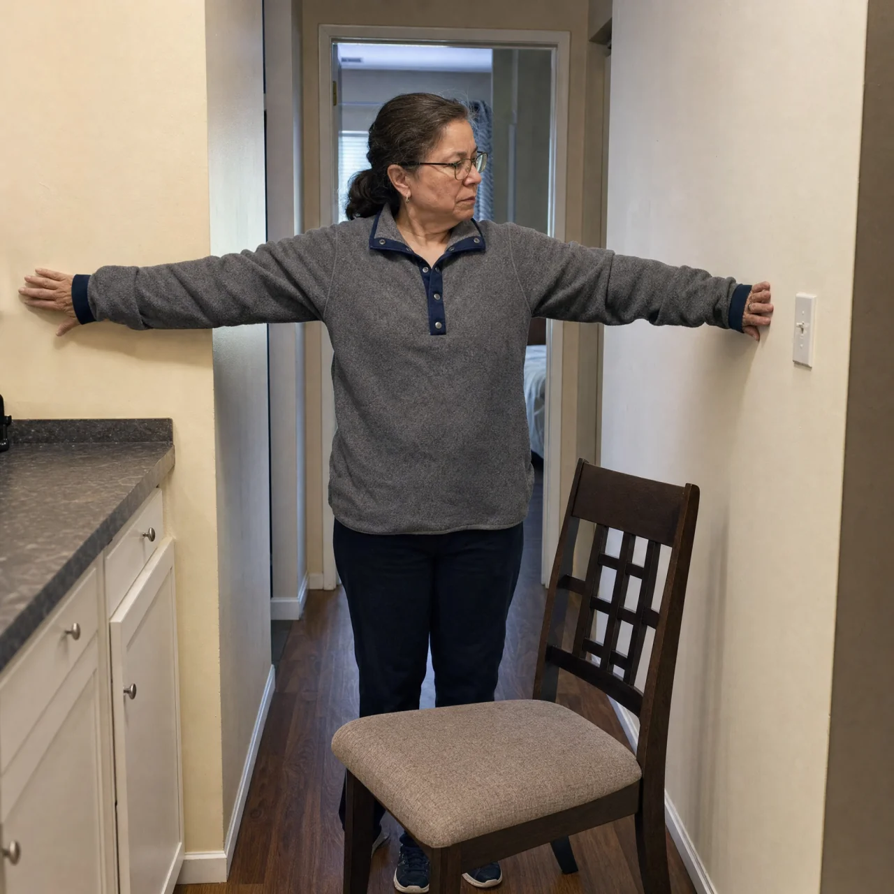 Person standing with arms outstretched in a narrow space while a chair and nearby counter are visible as alternative supports.