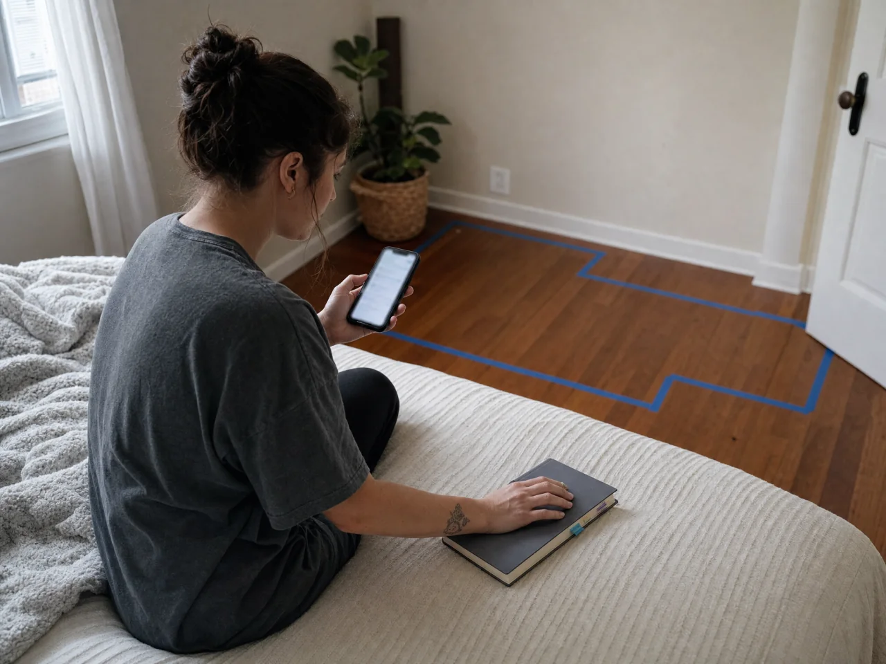 Person seated on a small bedroom bed reviewing a priority checklist and budget notes on a smartphone and closed notepad; the notes and screen are blurred and unreadable, with a taped floor outline visible behind them