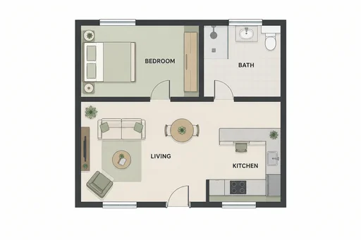 Source 1 for Accessible-home floor plan: step free one bedroom home.