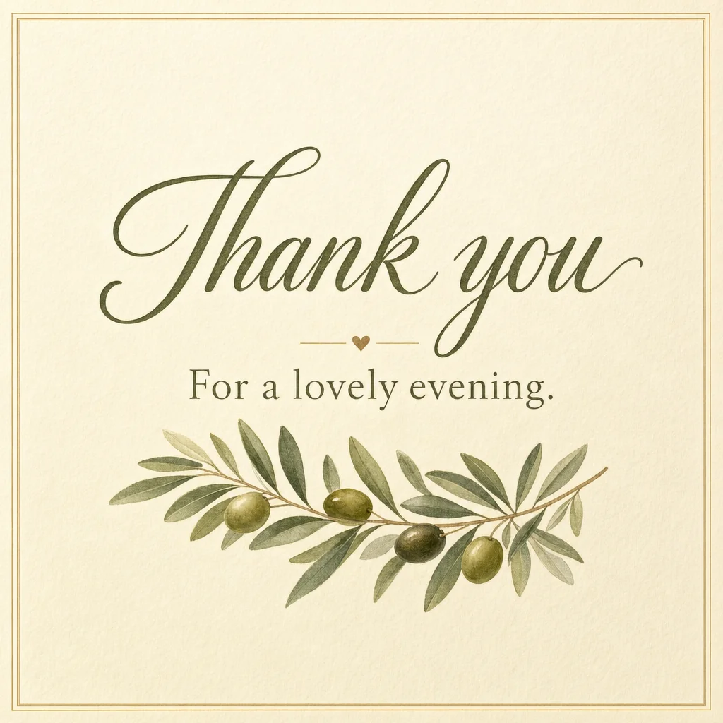 A olive branch host card with a warm thank-you message.