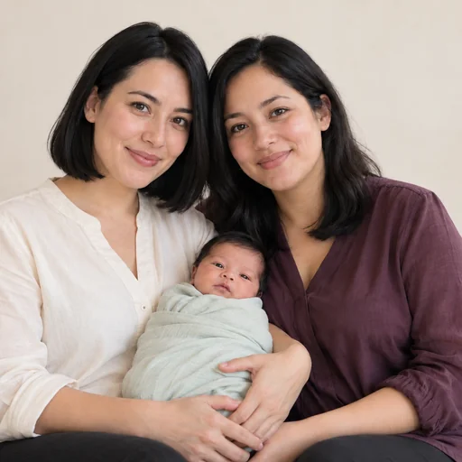 Two dark-haired women in cream and plum blouses hold a baby wrapped in pale green against a soft neutral backdrop.