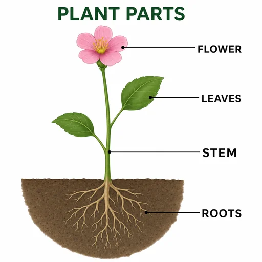 PLANT PARTS and exact ROOTS/STEM/LEAVES/FLOWER labels, each with one correctly placed leader.