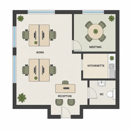 Four-person consulting office with reception, meeting room, kitchenette and WC.