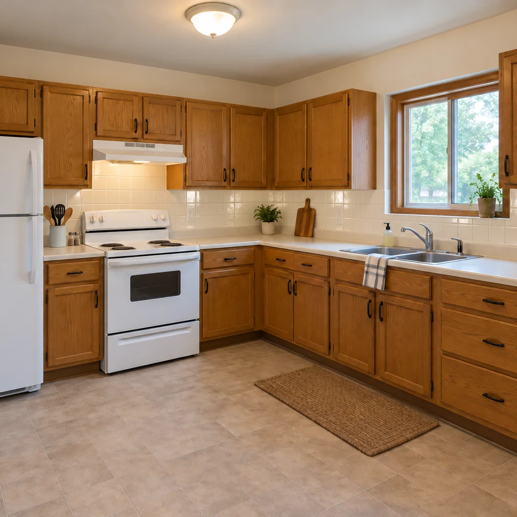 The reference kitchen with glossy ivory square backsplash tiles.