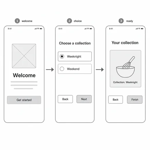 Three recipe screens, two rightward arrows, Weeknight selected and Collection: Weeknight result; exact controls and primary copy readable.
