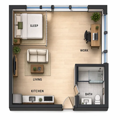 All five exact labels and requested fixtures; upper/right glazing and clear entry-to-window circulation.