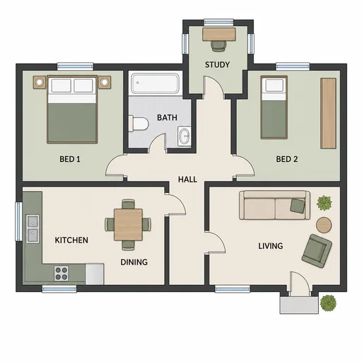 Two-bedroom cottage floor plan with a projecting study, central hall and bath, kitchen and dining at left, and living room at right.