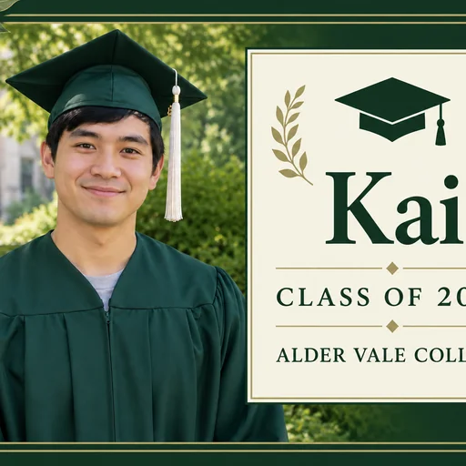 Forest green and ivory graduation announcement with a graduate beside Kai, Class of 2026, and Alder Vale College.