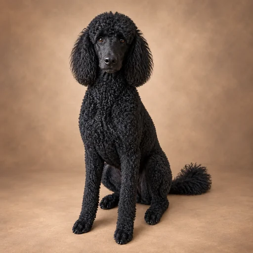 A black poodle sits upright on a warm neutral studio floor against a matching backdrop.