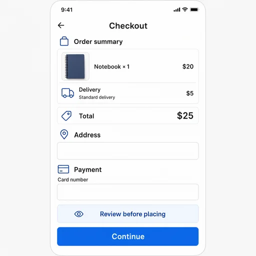 Notebook checkout with empty fields, a $25 total, Review before placing guidance and Continue.