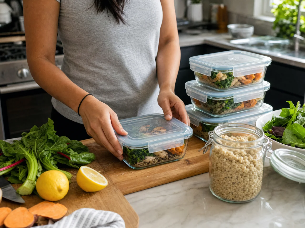 Hands packing glass meal-prep containers on a kitchen counter beside jars of grains and fresh produce.
