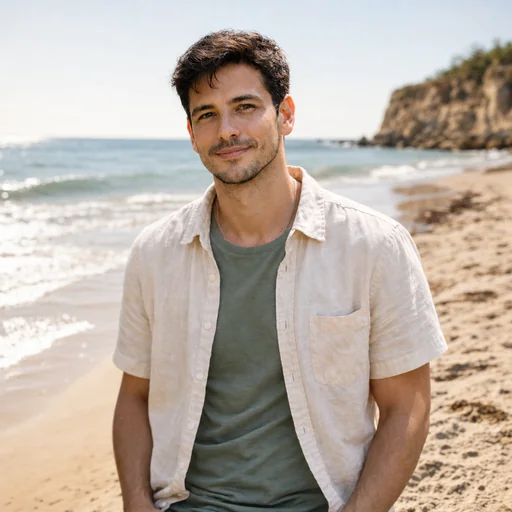 Original beige-shirt portrait on a sunlit beach beside the sea.