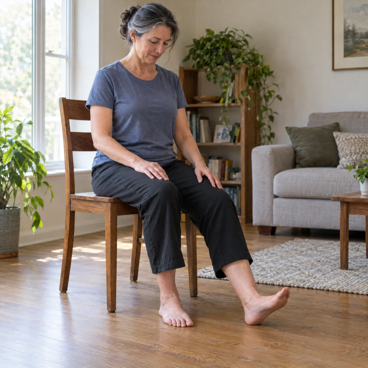 Adult seated on a sturdy wooden chair, flexing one ankle with the heel on the floor and toes slightly raised while the other foot rests flat.