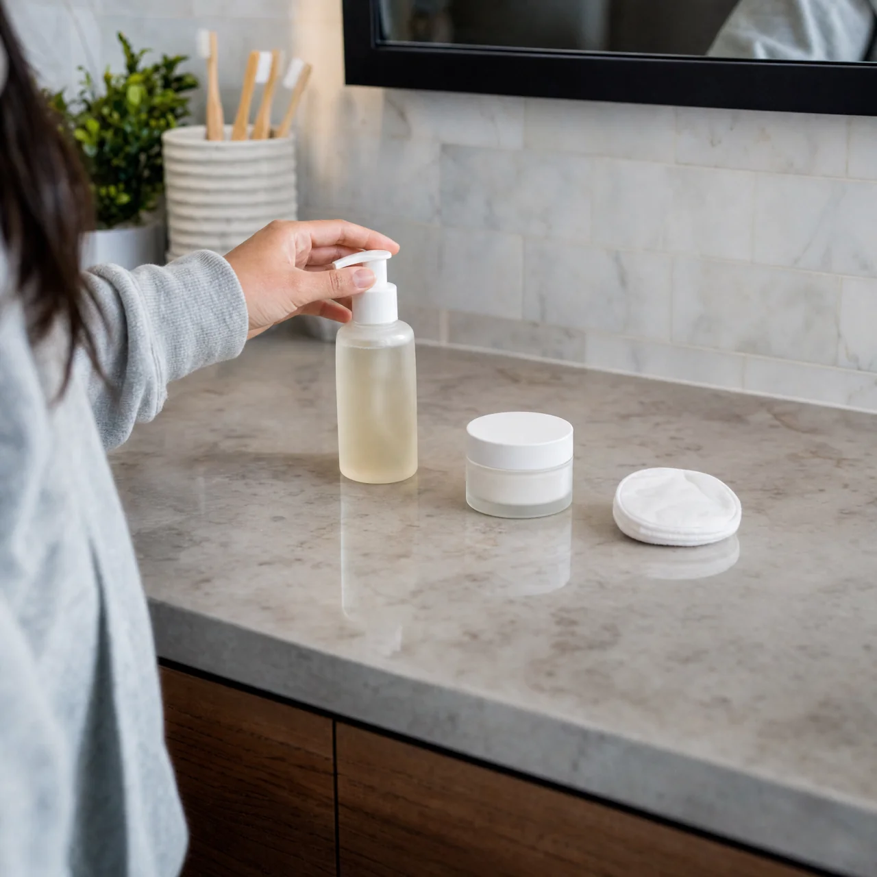 Overhead 45° view of three simple nighttime skincare items lined left-to-right on a bathroom counter with a hand reaching for the first item.