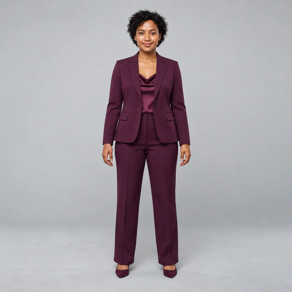A woman with short dark curls models a plum trouser suit with a matching satin top against a gray studio backdrop.