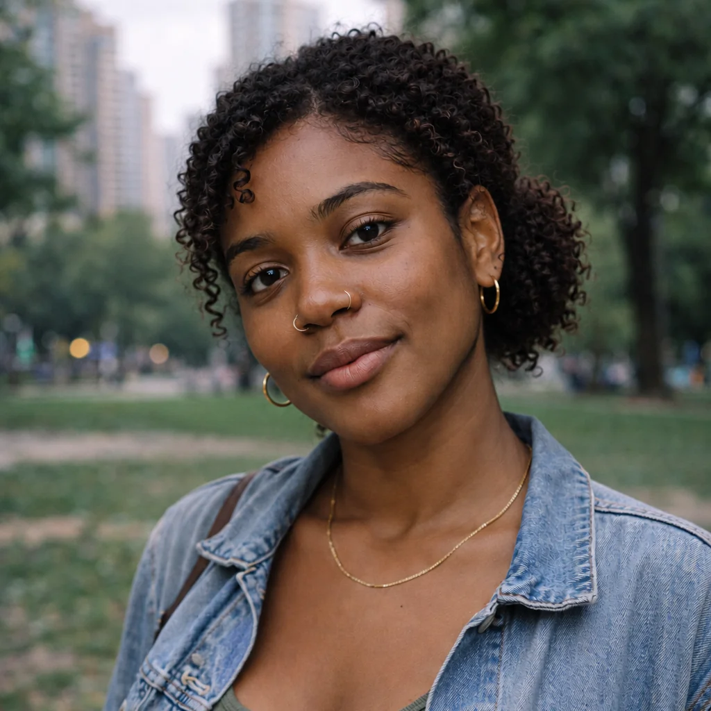A woman in a denim jacket with her black curls gathered into a low bun.