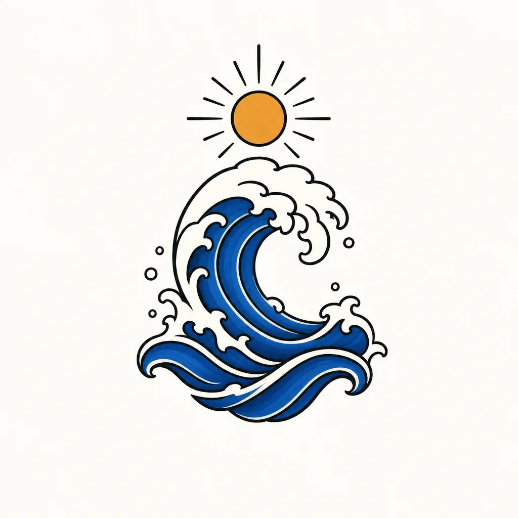 Cobalt curling wave tattoo with a small golden sun and bold black outlines.