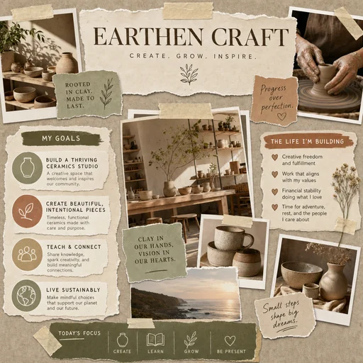 Earthen Craft ceramics-studio vision board with pottery and creative goals.