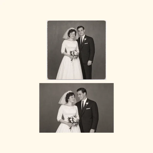 Two complete wedding photos stacked vertically in their original order, preserving both full images.