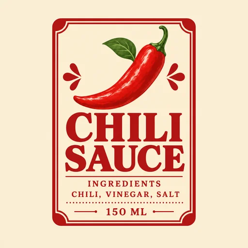 Red pepper above CHILI SAUCE ingredients and 150 ML on cream label.