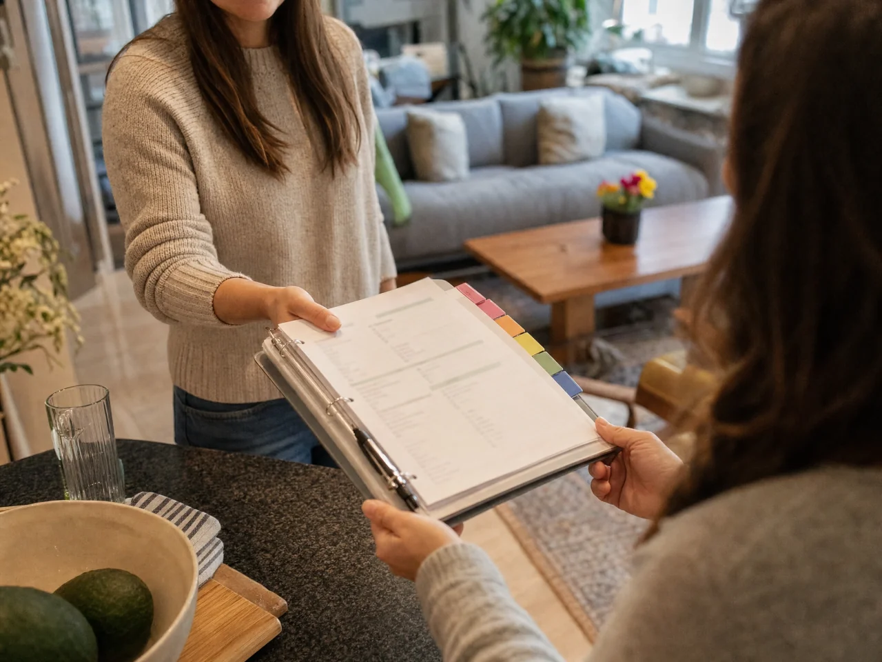 Two adults exchanging a tabbed binder of party notes, the host handing a reusable checklist guide to a helper.