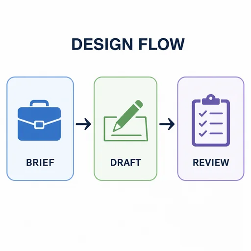 DESIGN FLOW process diagram connecting BRIEF, DRAFT and REVIEW.