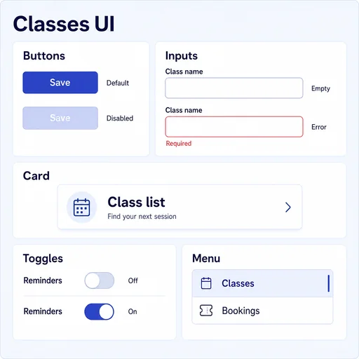 Five example-d UI component groups with accepted exact copy, required controls and explicit states.