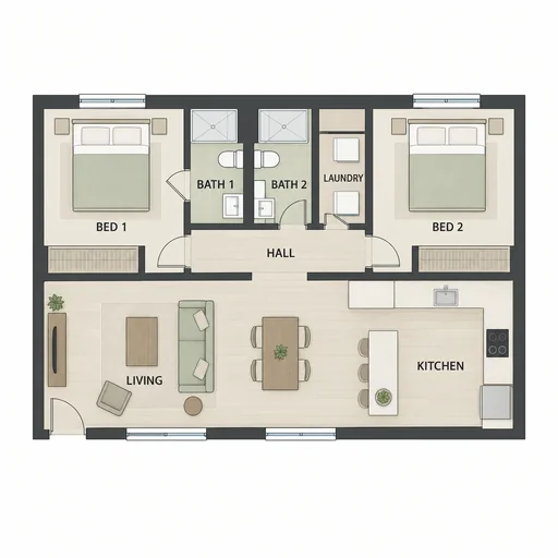 Source 1 for Two-bedroom floor plan: two bedroom dual bath apartment.