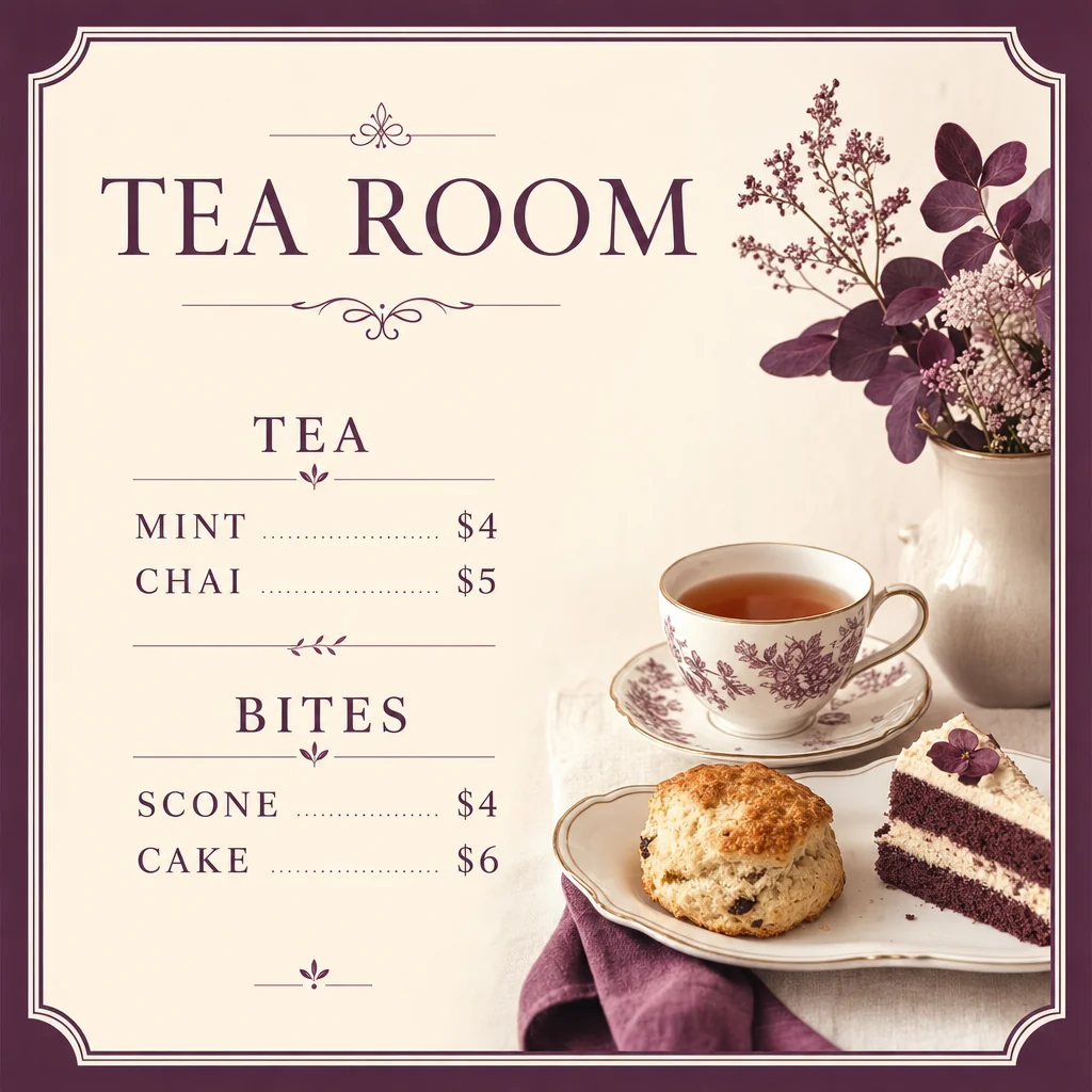 Plum and ivory tea-room menu with tea and bites sections.
