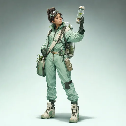 A sci-fi botanist in a mint utility suit holds up a clear capsule containing one small seedling.