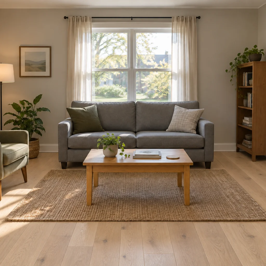 Living room with pale natural-white-oak flooring around the original gray sofa, coffee table and woven rug.