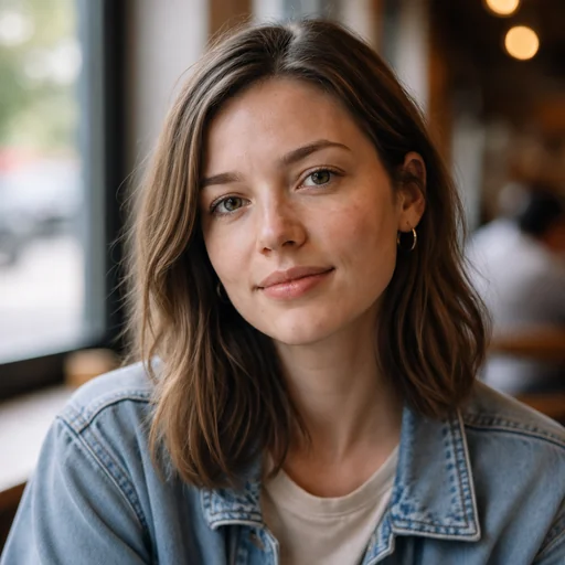 Square profile crop of the original denim-jacket cafe portrait.