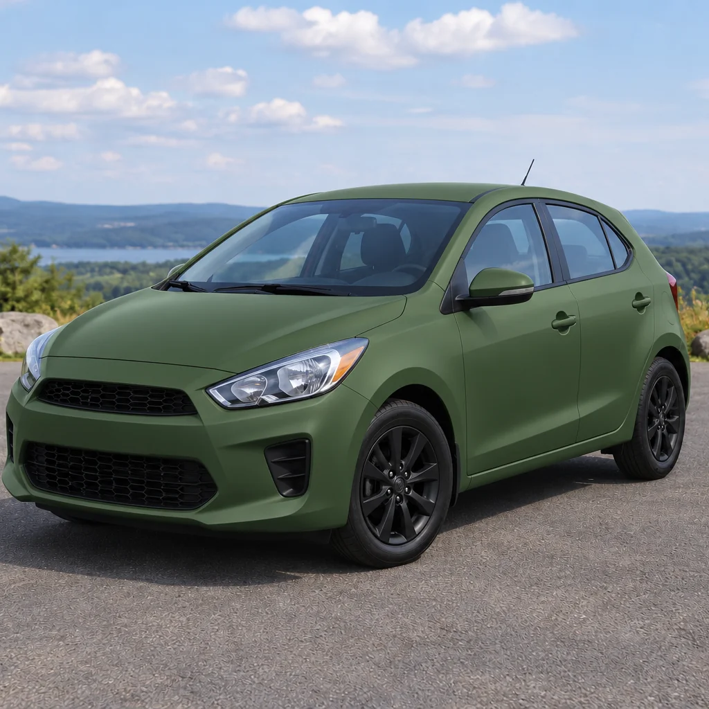 Compact hatchback with a matte green wrap and black wheels, parked at a scenic overlook beside a lake.