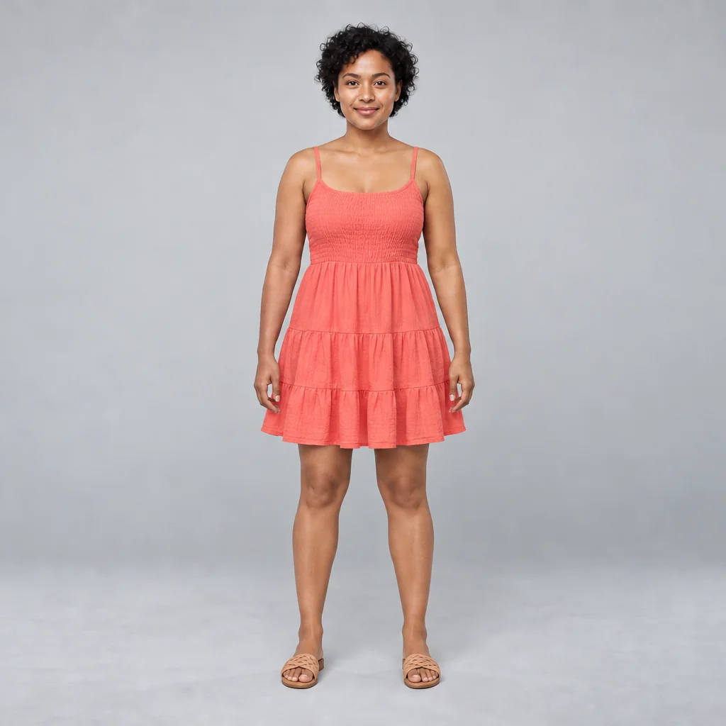 A woman with short dark curls wears a coral summer dress and tan sandals against a gray studio backdrop.
