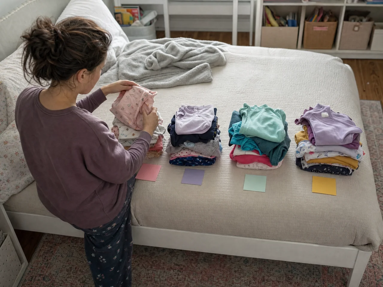 Four clearly separated piles of children's clothes on a bed with a parent sorting a garment.