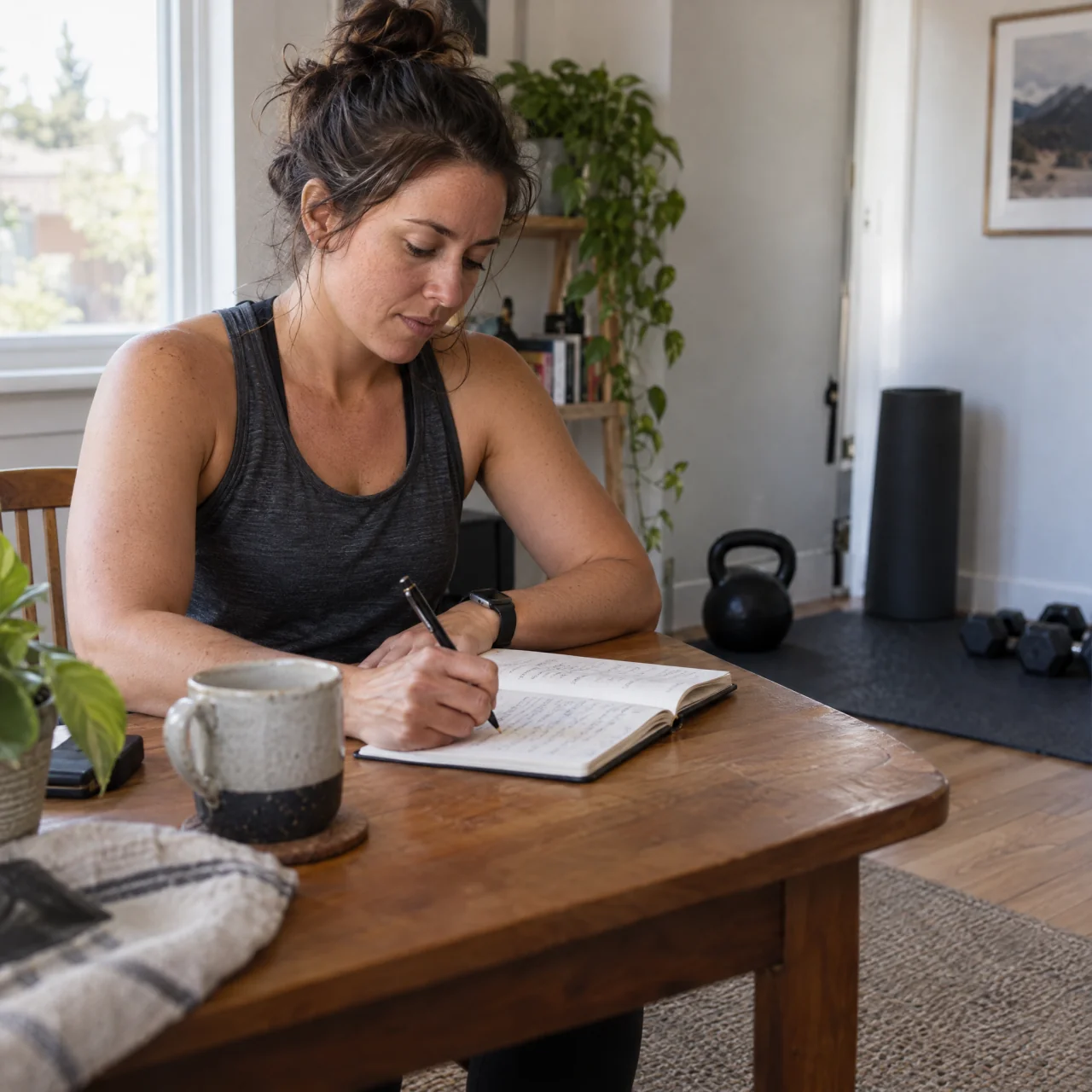 An adult writes in an open notebook at a table after exercise, with a kettlebell resting in the cleared workout corner nearby.