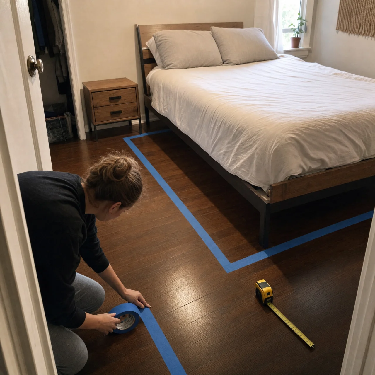Person applying painter's tape to outline the bed perimeter and a clear walking route across the floor, with the bed frame positioned inside the taped area.