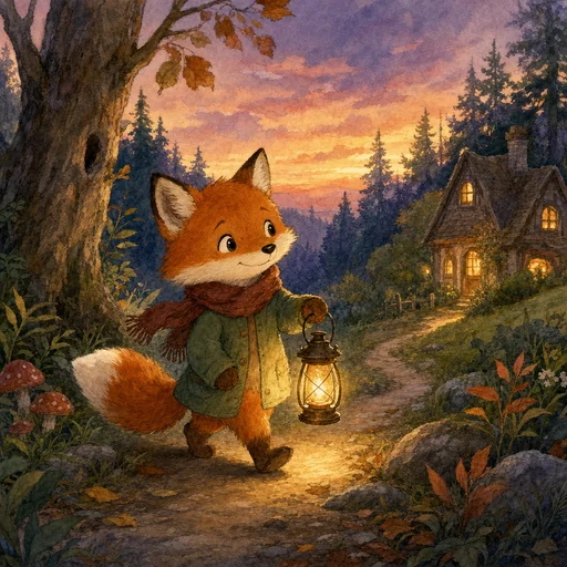 A small fox carries a glowing lantern along a woodland path at dusk in warm watercolor.