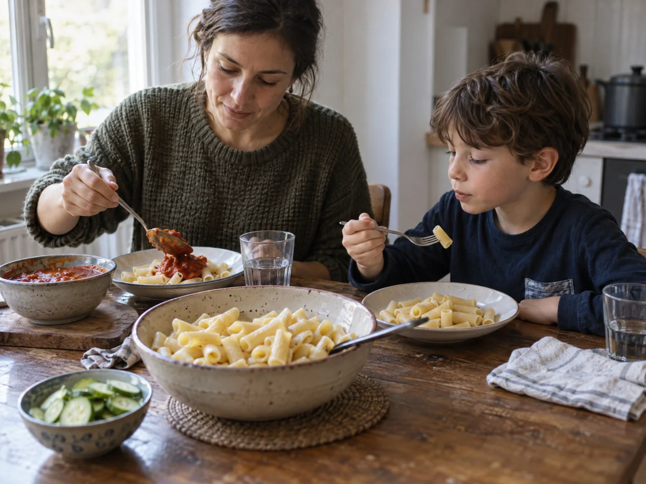 An adult adds tomato sauce to their pasta while a child eats plain pasta from the same shared bowl, with cucumber slices served separately.