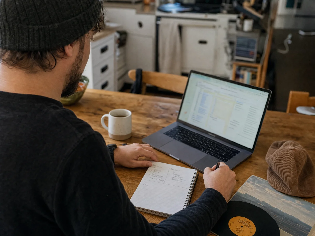 Person writing in a notebook at a kitchen table with an open laptop and small personal items nearby